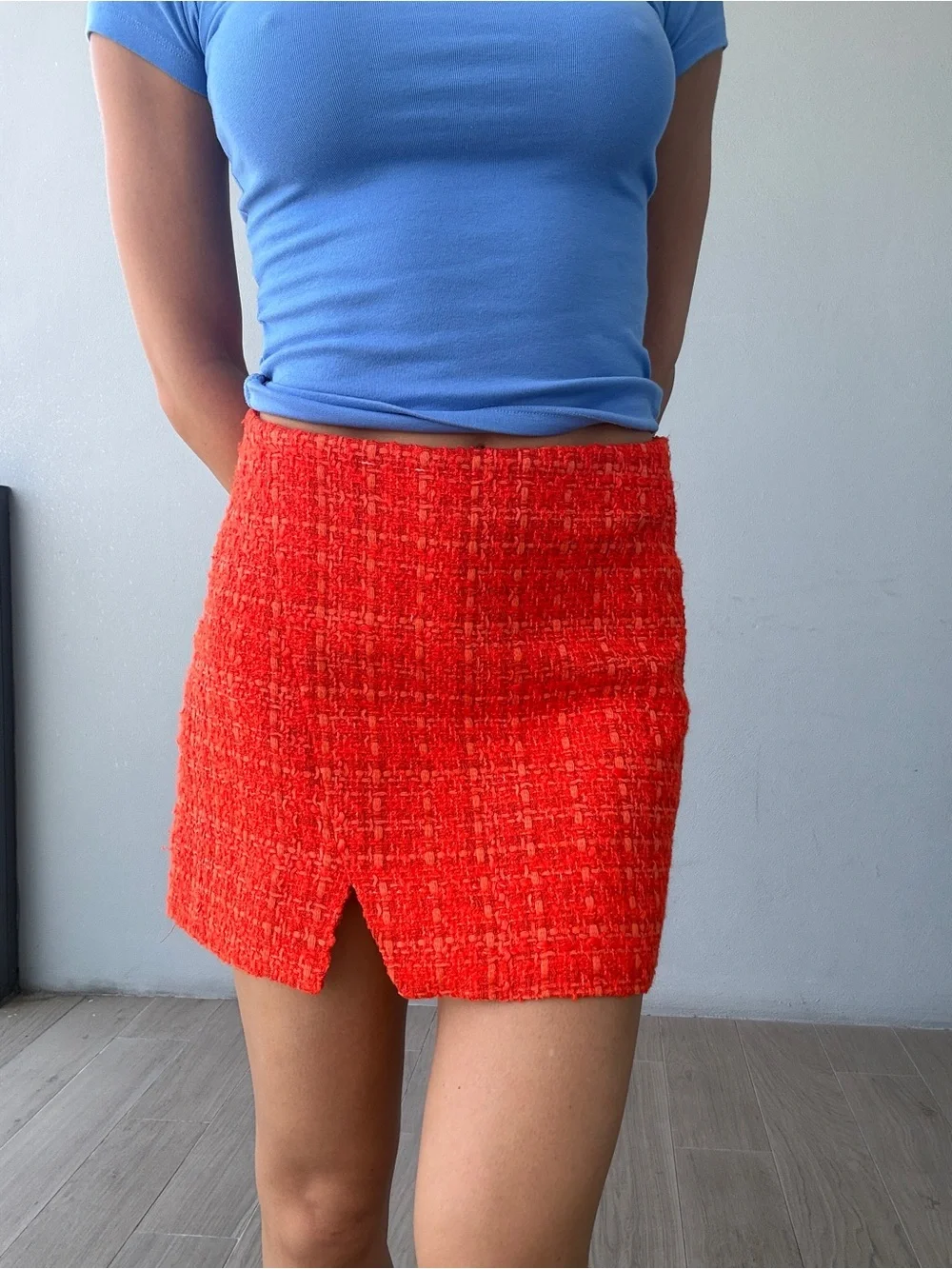 Red Bouclé Mini Skirt with Front Notch